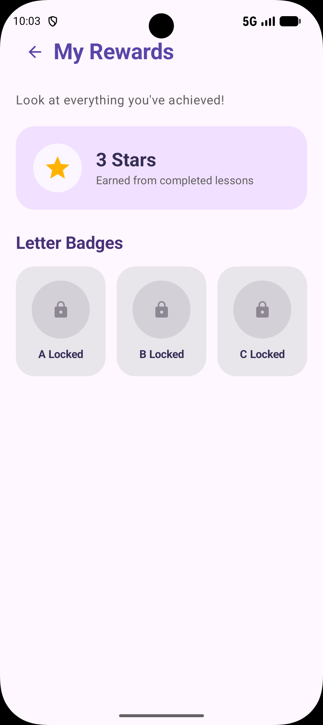 Learn with Amelia stars, progress and badge screen