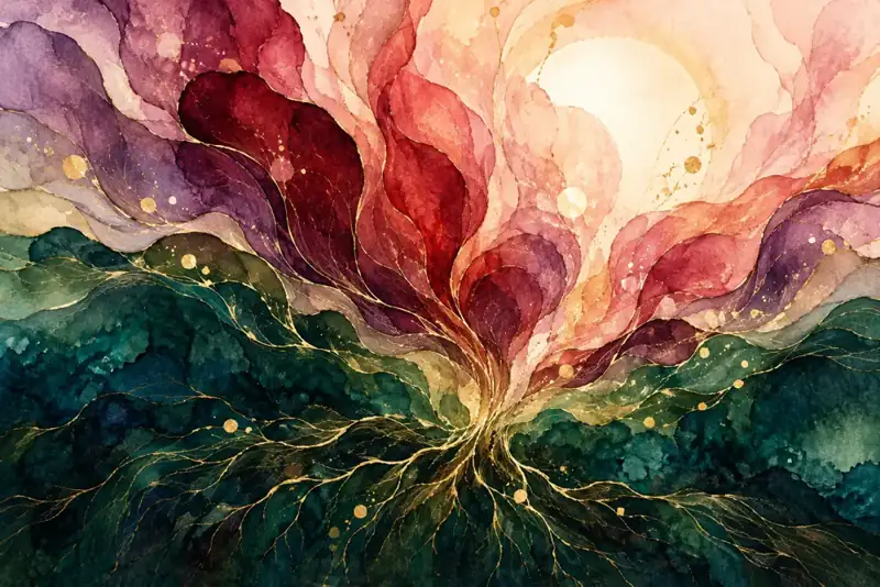 Ruby and purple colour rising from fine golden roots in emerald, suggesting rooted joy