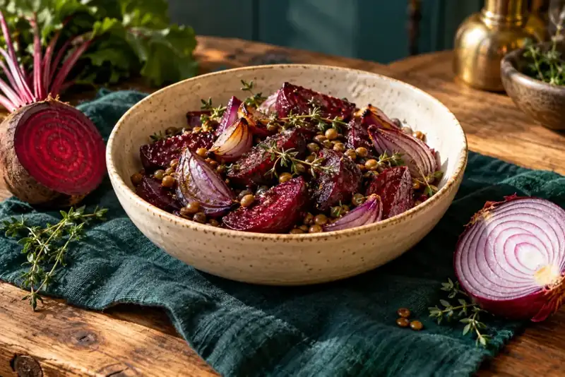 Roasted ruby beetroot, red onion and lentils in a warm ivory bowl