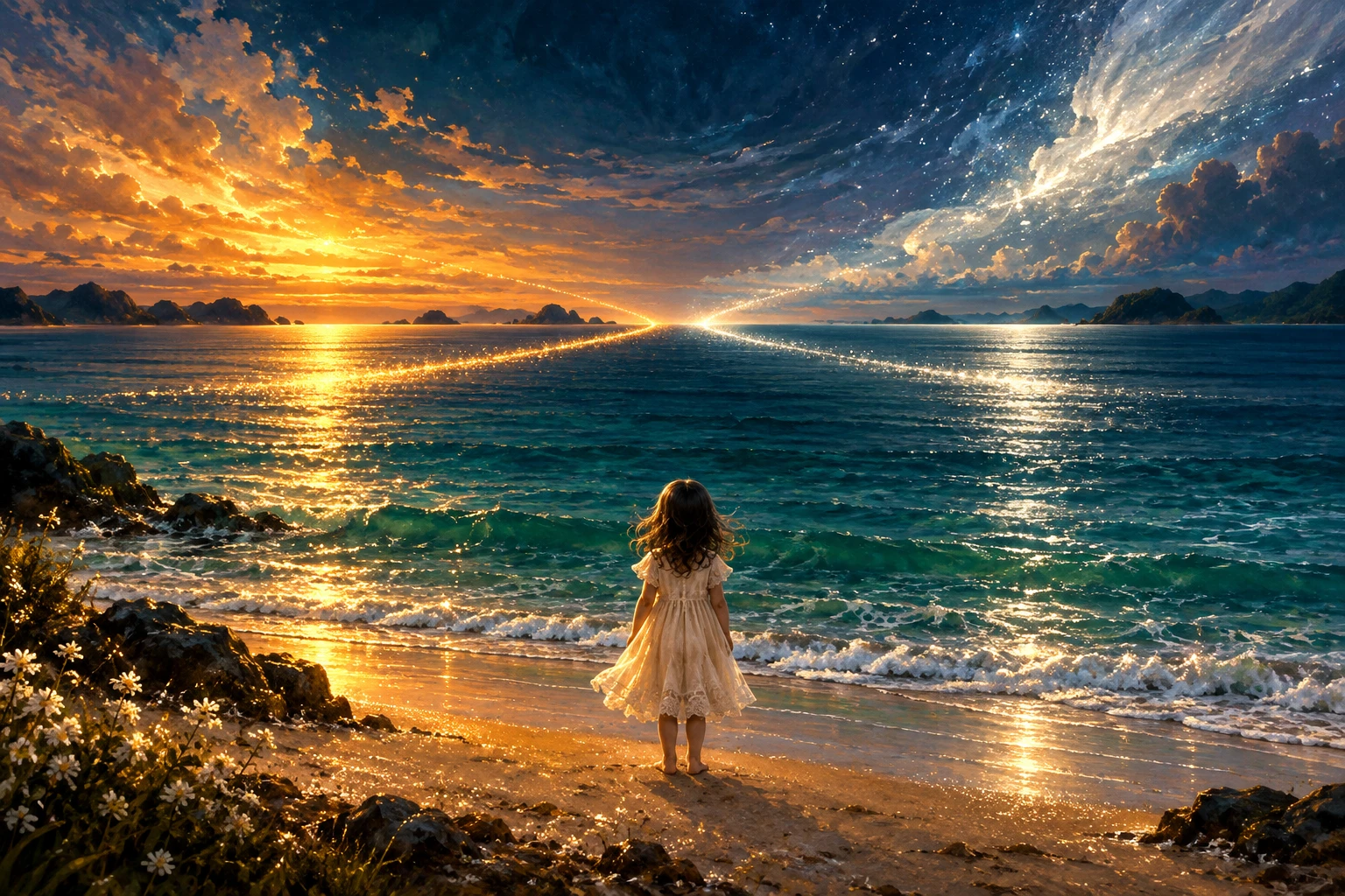 A child watches two paths of light meet across the quiet sea.