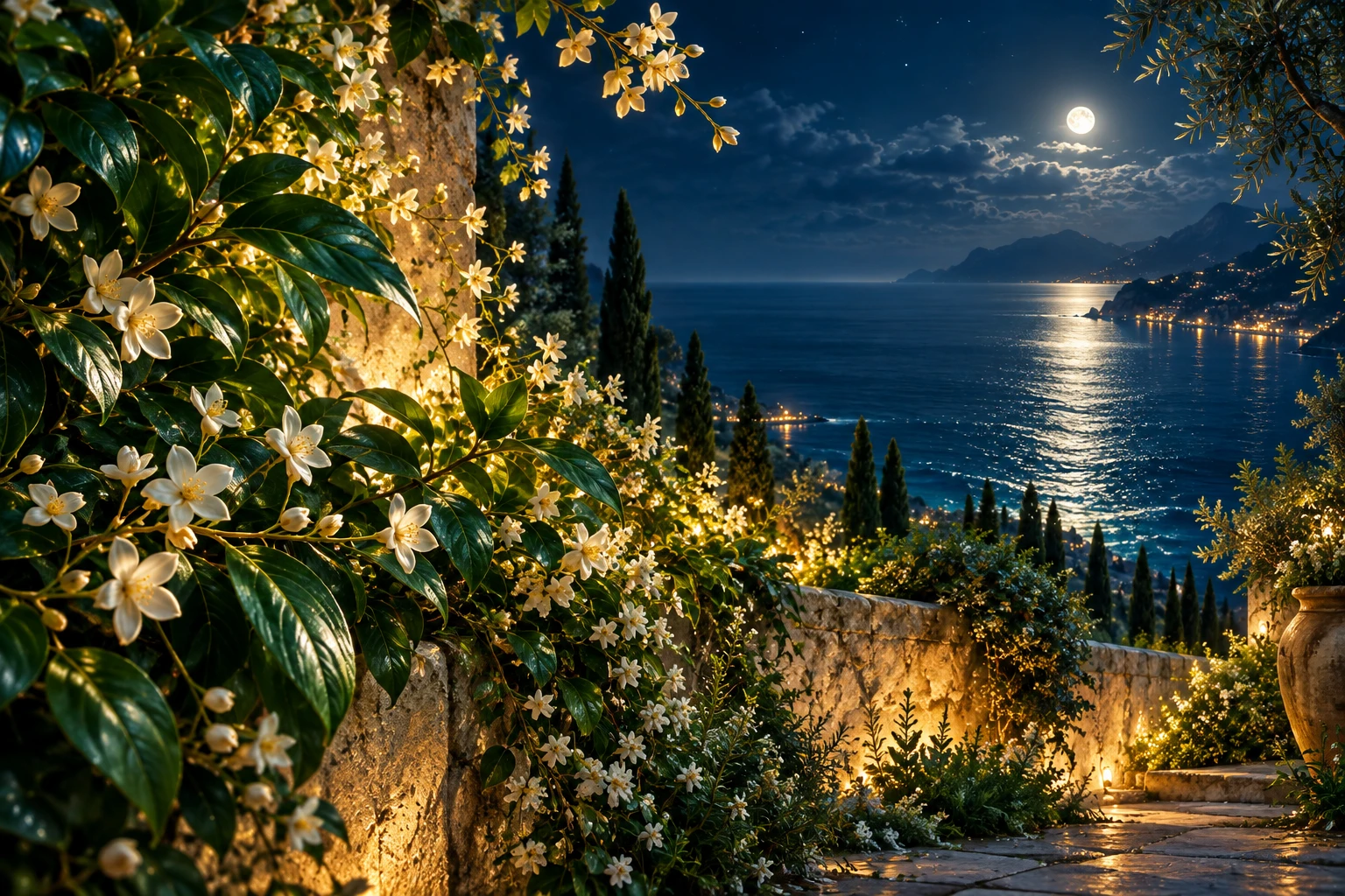 A coastal garden holds warm golden light among emerald leaves and ivory flowers.