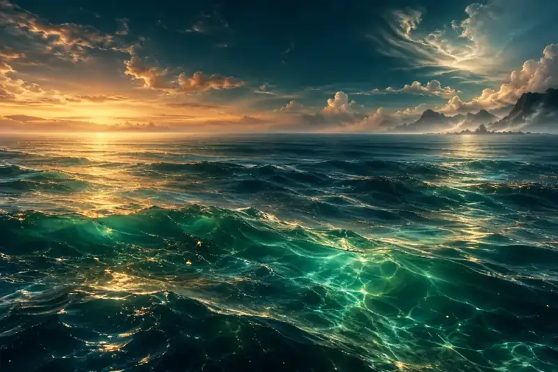 Gold and silver light meet over a deep emerald sea