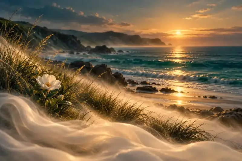 A quiet emerald shoreline, ivory mist and a small white flower